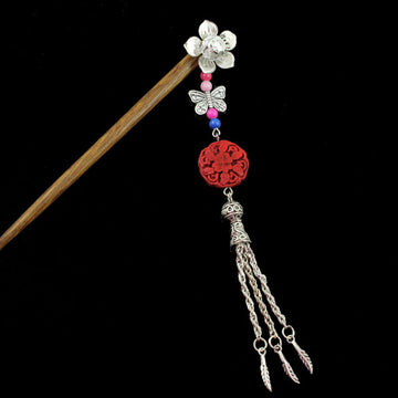 Silver Flower w/ Butterfly Tassels & Lacquered Floral Bead Wood Hair Stick